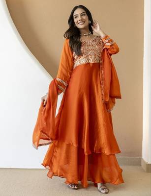 Women's orange embroidered anarkali kurta set with palazzo & dupatta 2