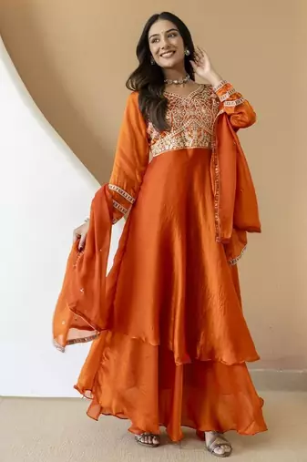 Women's orange embroidered anarkali kurta set with palazzo & dupatta
