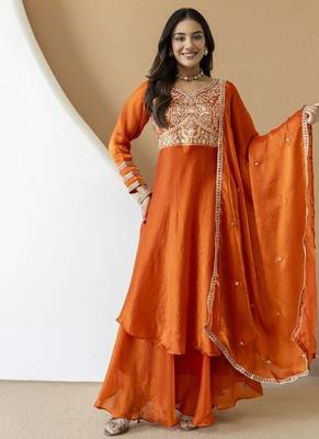 Women's orange embroidered anarkali kurta set with palazzo & dupatta 3