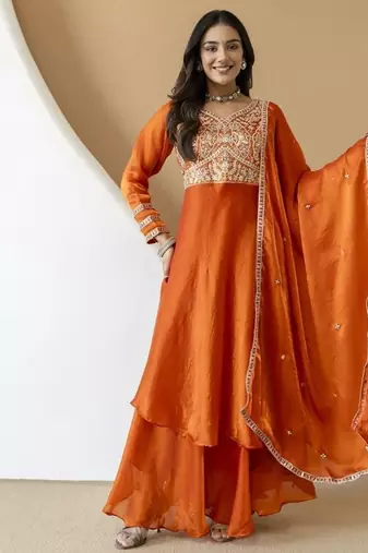 Women's orange embroidered anarkali kurta set with palazzo & dupatta