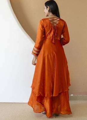 Women's orange embroidered anarkali kurta set with palazzo & dupatta 4