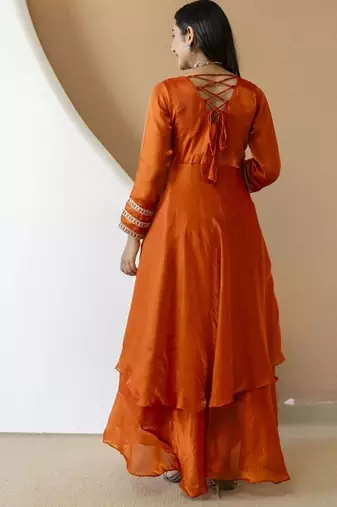 Women's orange embroidered anarkali kurta set with palazzo & dupatta