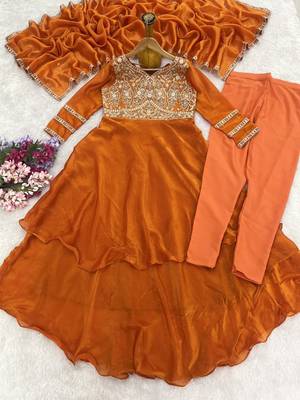 Women's orange embroidered anarkali kurta set with palazzo & dupatta 5
