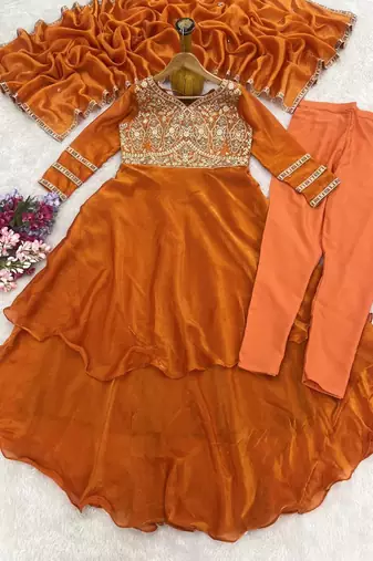 Women's orange embroidered anarkali kurta set with palazzo & dupatta