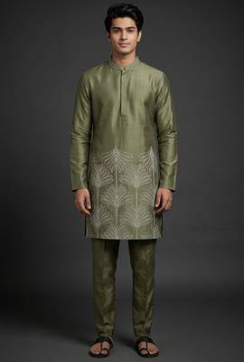 Mehandi silk kurta set for men's 1