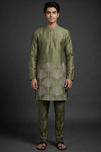 Mehandi silk kurta set for men's
