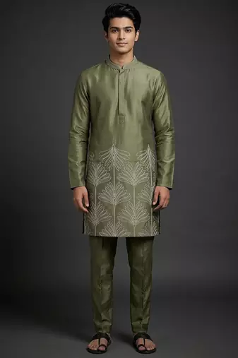 Mehandi silk kurta set for men's