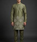 Mehandi silk kurta set for men's