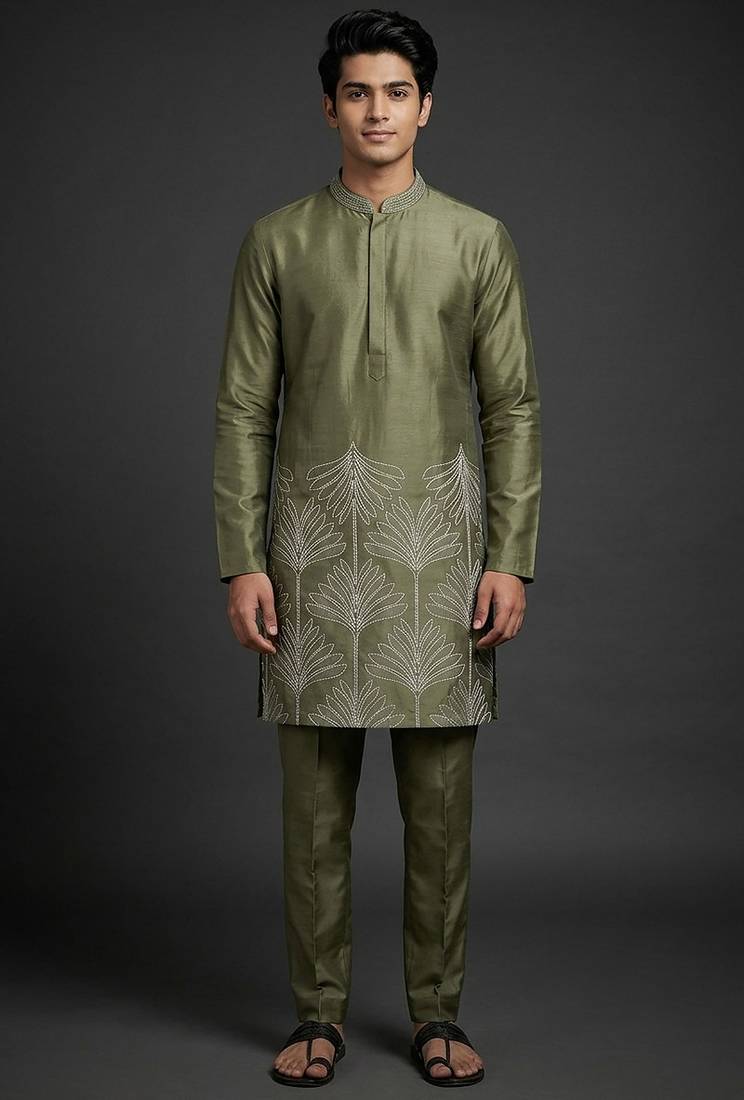 Mehandi silk kurta set for men's