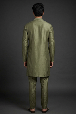 Mehandi silk kurta set for men's 2