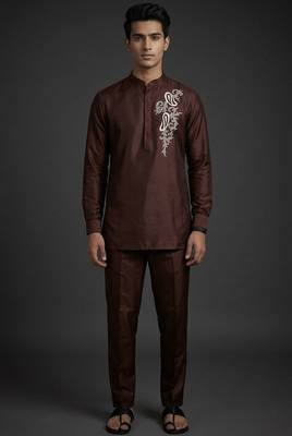 Coffee silk short kurta set for men's 1