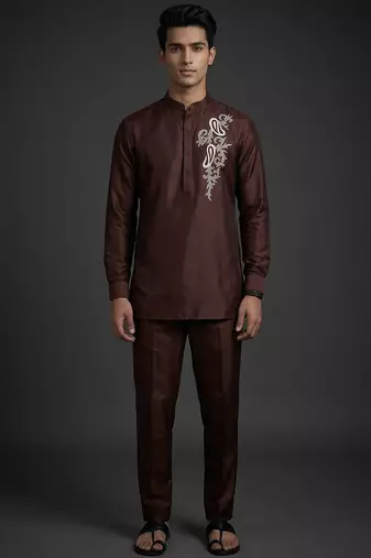 Coffee silk short kurta set for men's