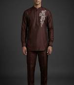 Coffee silk short kurta set for men's
