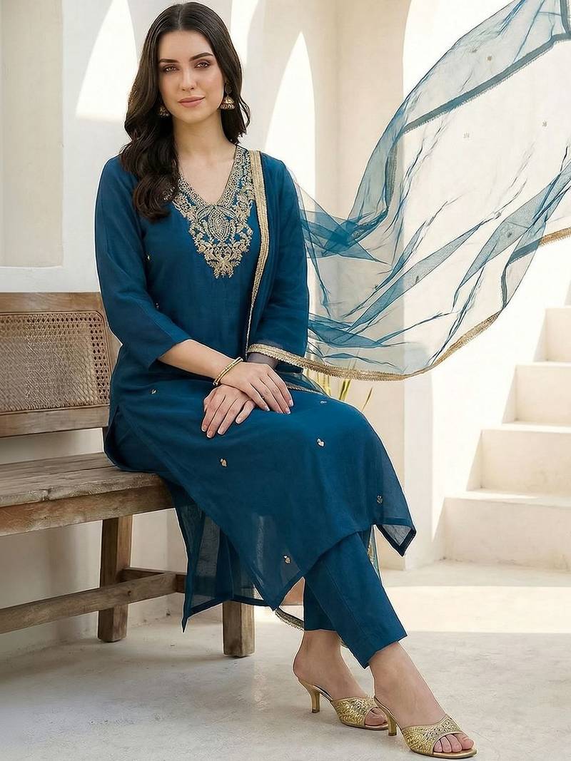 Women Ethnic Motifs Embroidered Regular Thread Work Kurta with Trousers & With Dupatta
