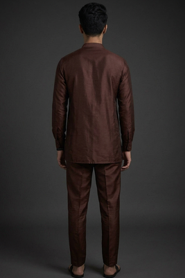 Coffee silk short kurta set for men's 2