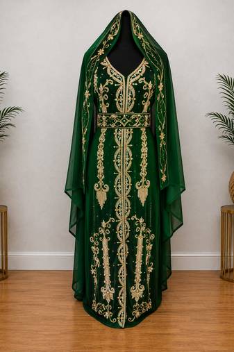 Emerald Green Gold Embroidered Kaftan Set