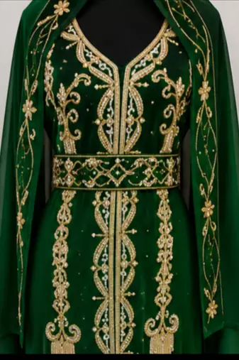 Emerald Green Gold Embroidered Kaftan Set