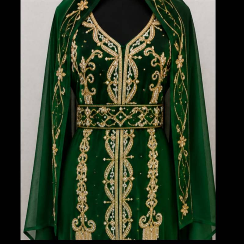 Emerald Green Gold Embroidered Kaftan Set