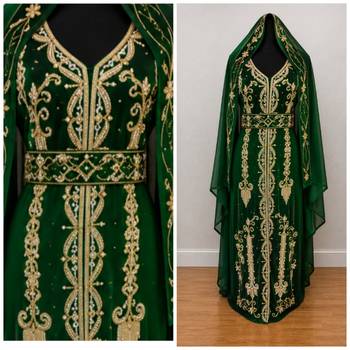Emerald Green Gold Embroidered Kaftan Set 3
