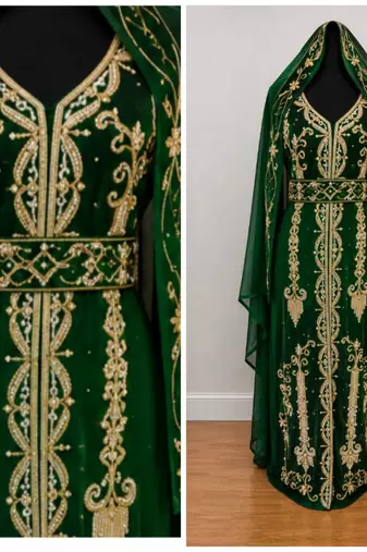 Emerald Green Gold Embroidered Kaftan Set