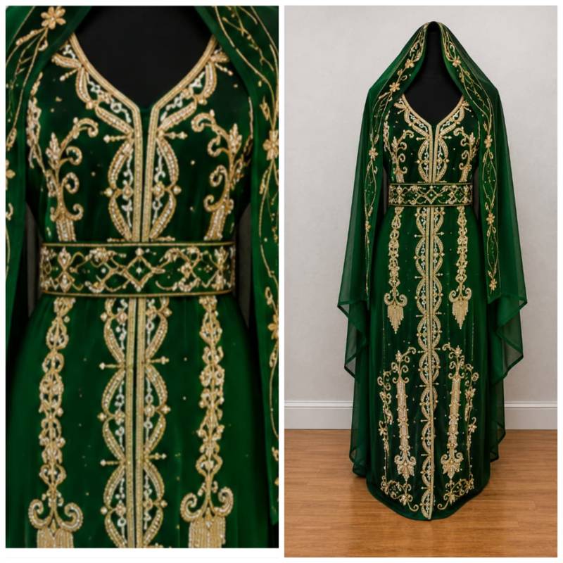 Emerald Green Gold Embroidered Kaftan Set