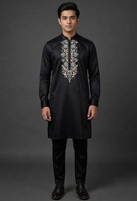 Black silk kurta set for men's 1