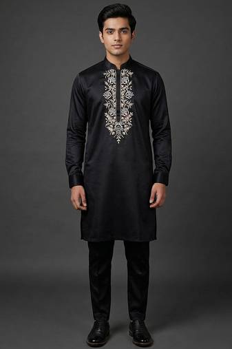 Black silk kurta set for men's