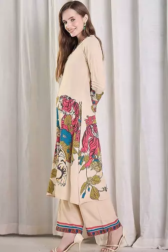 Women Animal Printed Regular Thread Work Kurta with Palazzos