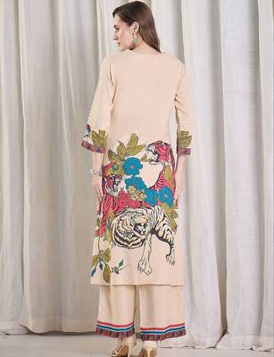 Women Animal Printed Regular Thread Work Kurta with Palazzos 4
