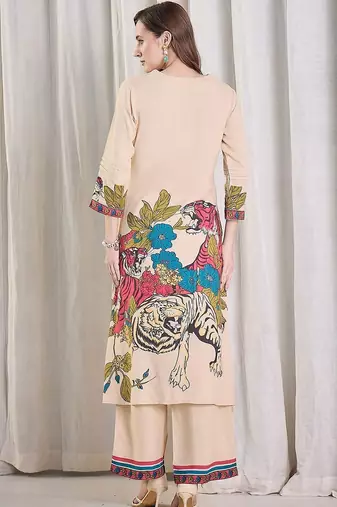 Women Animal Printed Regular Thread Work Kurta with Palazzos