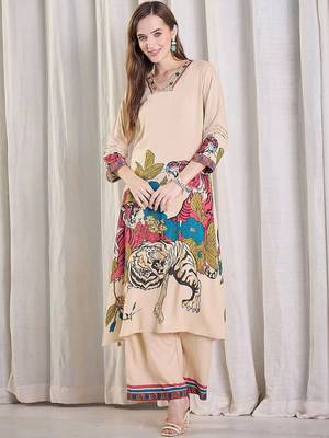 Women Animal Printed Regular Thread Work Kurta with Palazzos 6