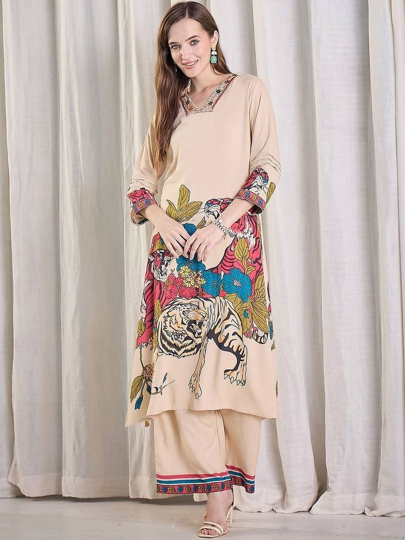 Women Animal Printed Regular Thread Work Kurta with Palazzos