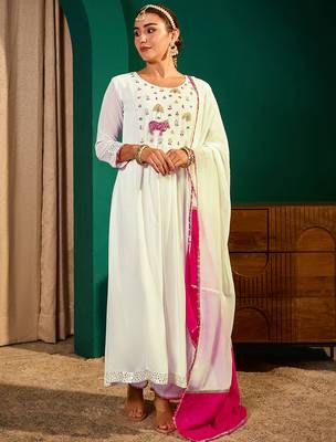 Women's Beautiful Embroidery Work Georgette Fabric Flared Kurta Pant and Dupatta Set 1