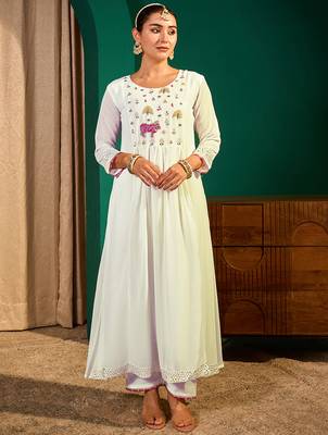 Women's Beautiful Embroidery Work Georgette Fabric Flared Kurta Pant and Dupatta Set 5