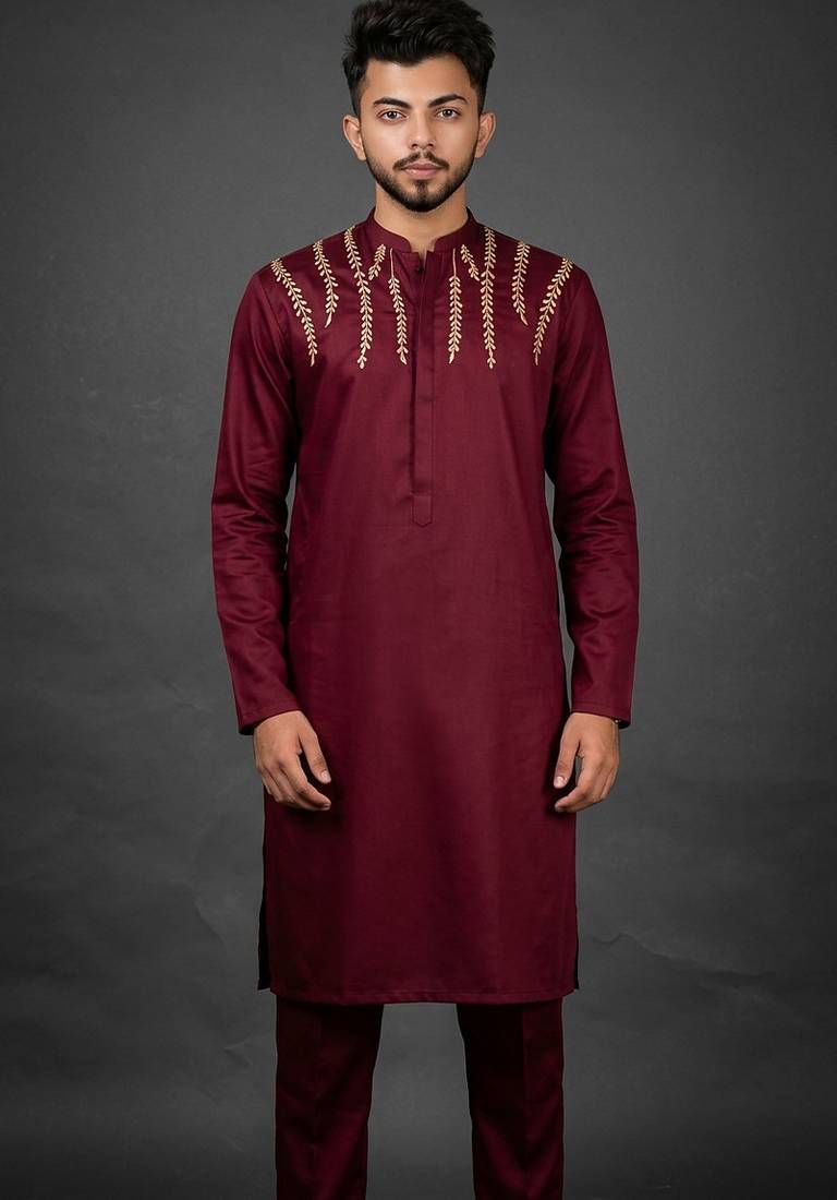 Maroon silk kurta set for men's