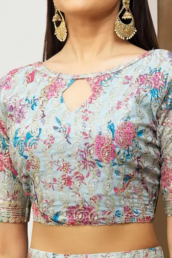 Digital Floral Print Faux Georget Multi Sequnce Work Lehenga Choli With Unstitched Blouse and Stitched Dupatta
