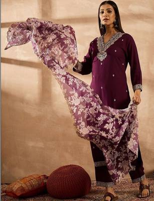 Women Ethnic Motifs Embroidered Regular Thread Work Kurta with Trousers & With Dupatta 1