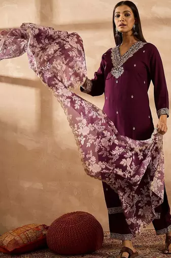 Women Ethnic Motifs Embroidered Regular Thread Work Kurta with Trousers & With Dupatta