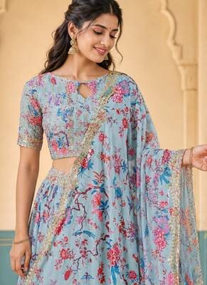 Digital Floral Print Faux Georget Multi Sequnce Work Lehenga Choli With Unstitched Blouse and Stitched Dupatta 9