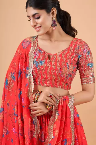 Digital Floral Print Faux Georget Multi Sequnce Work Lehenga Choli With Unstitched Blouse and Stitched Dupatta