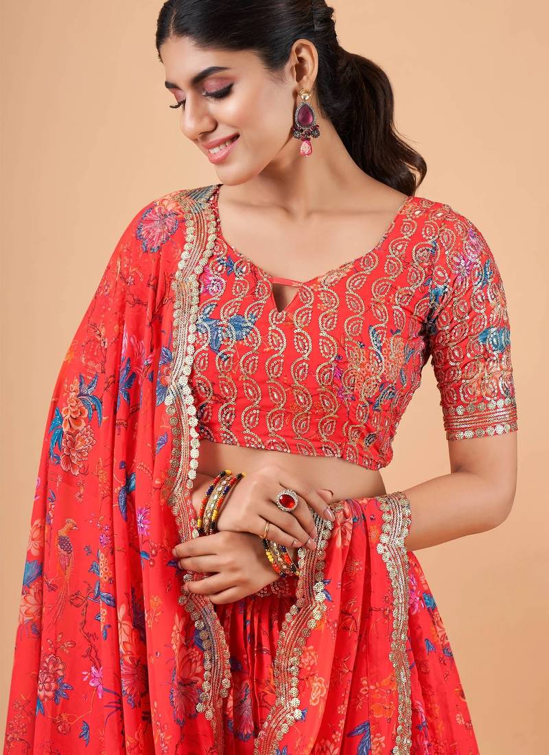 Digital Floral Print Faux Georget Multi Sequnce Work Lehenga Choli With Unstitched Blouse and Stitched Dupatta