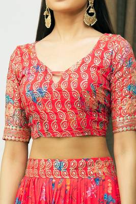 Digital Floral Print Faux Georget Multi Sequnce Work Lehenga Choli With Unstitched Blouse and Stitched Dupatta 6