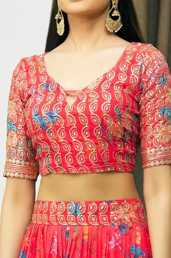 Digital Floral Print Faux Georget Multi Sequnce Work Lehenga Choli With Unstitched Blouse and Stitched Dupatta