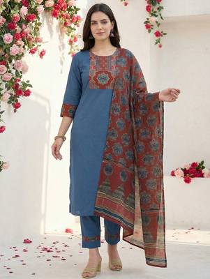 Women Ethnic Motifs Yoke Design Regular Thread Work Pure Cotton Kurta with Trousers & With Dupatta 1
