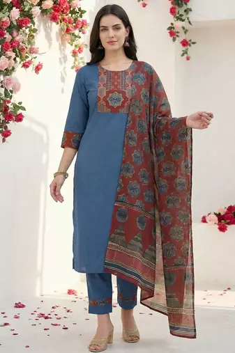 Women Ethnic Motifs Yoke Design Regular Thread Work Pure Cotton Kurta with Trousers & With Dupatta