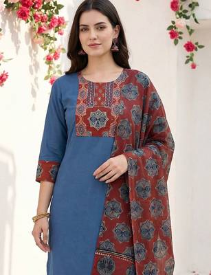 Women Ethnic Motifs Yoke Design Regular Thread Work Pure Cotton Kurta with Trousers & With Dupatta 2