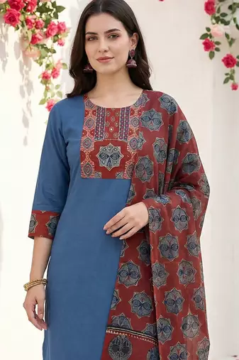 Women Ethnic Motifs Yoke Design Regular Thread Work Pure Cotton Kurta with Trousers & With Dupatta