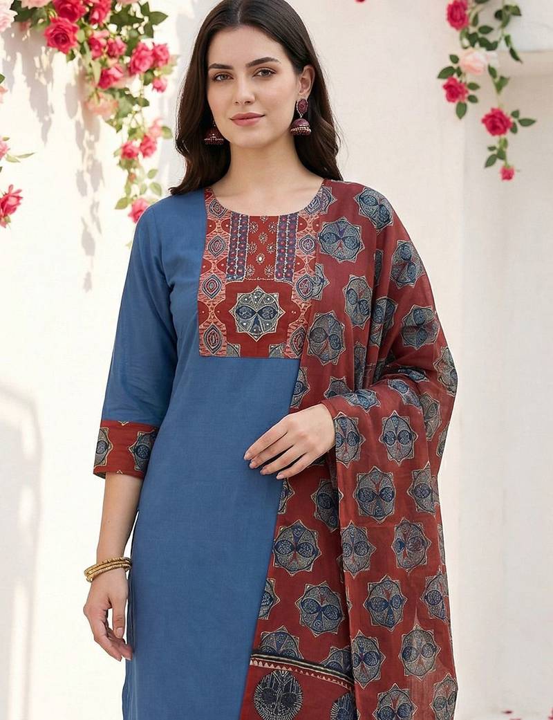 Women Ethnic Motifs Yoke Design Regular Thread Work Pure Cotton Kurta with Trousers & With Dupatta