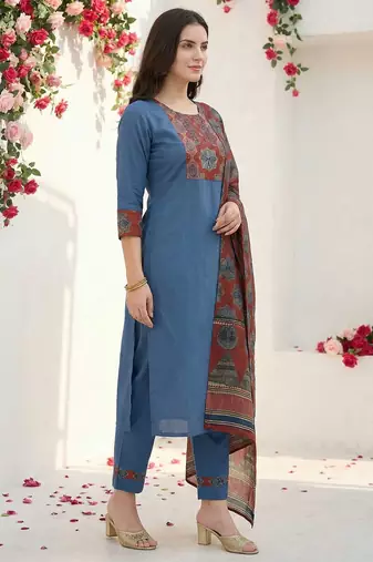 Women Ethnic Motifs Yoke Design Regular Thread Work Pure Cotton Kurta with Trousers & With Dupatta