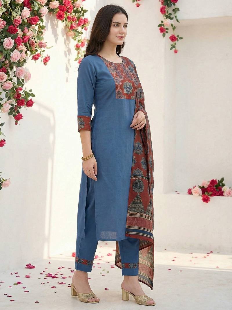 Women Ethnic Motifs Yoke Design Regular Thread Work Pure Cotton Kurta with Trousers & With Dupatta